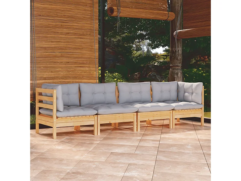 4 pcs conjunto lounge de jardim + almofadões cinza pinho maciço