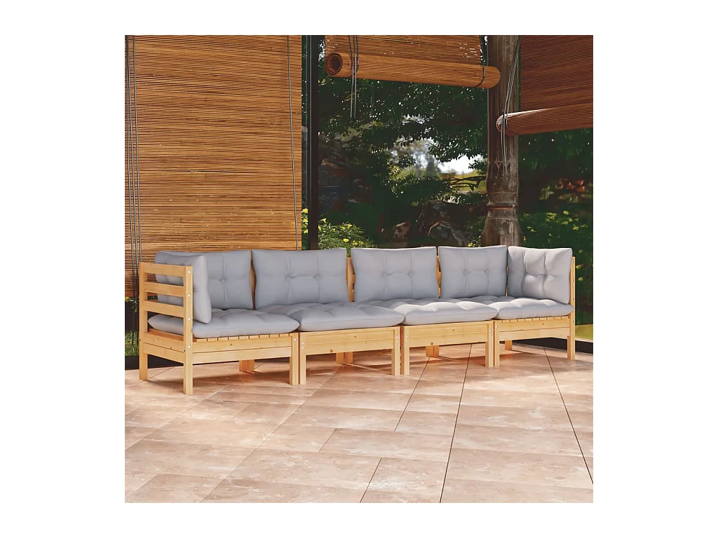 4-tlg. Garten-Lounge-Set mit Grauen Kissen Kiefer Massivholz