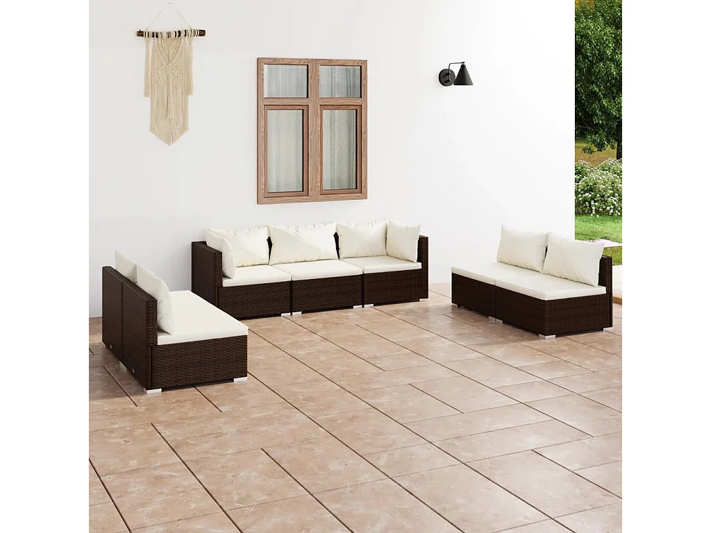 Set Divani da Giardino 7 pz con Cuscini in Polyrattan Marrone
