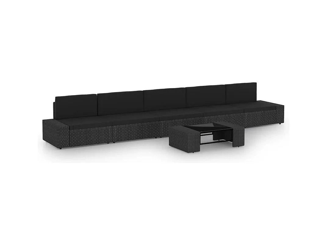 6-delige Loungeset met kussens poly rattan zwart