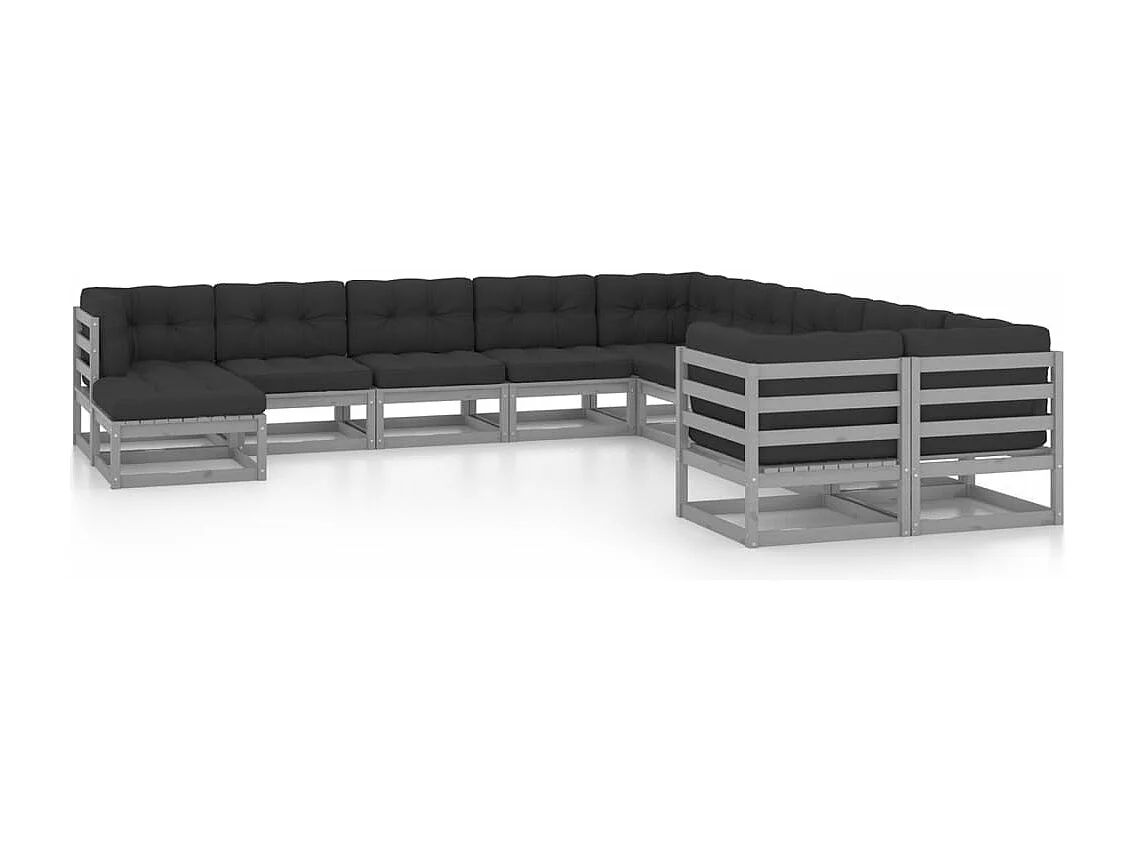 Set Divani da Giardino 11 pz Grigio Cuscini Massello di Pino