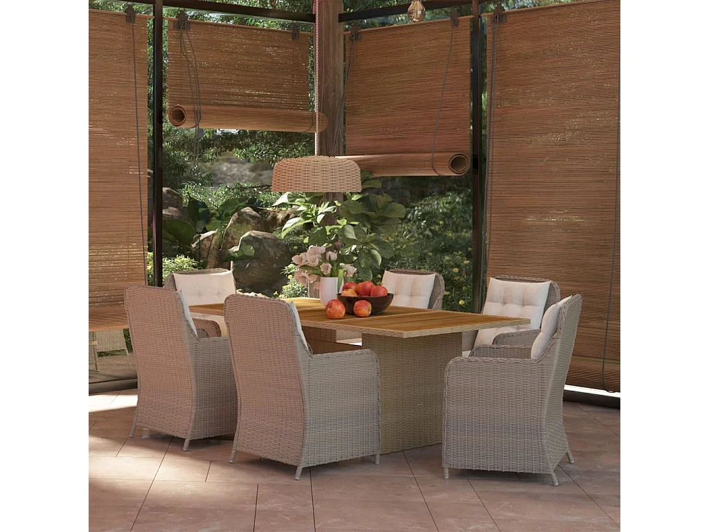 7 pcs conjunto de jantar para jardim vime PE castanho