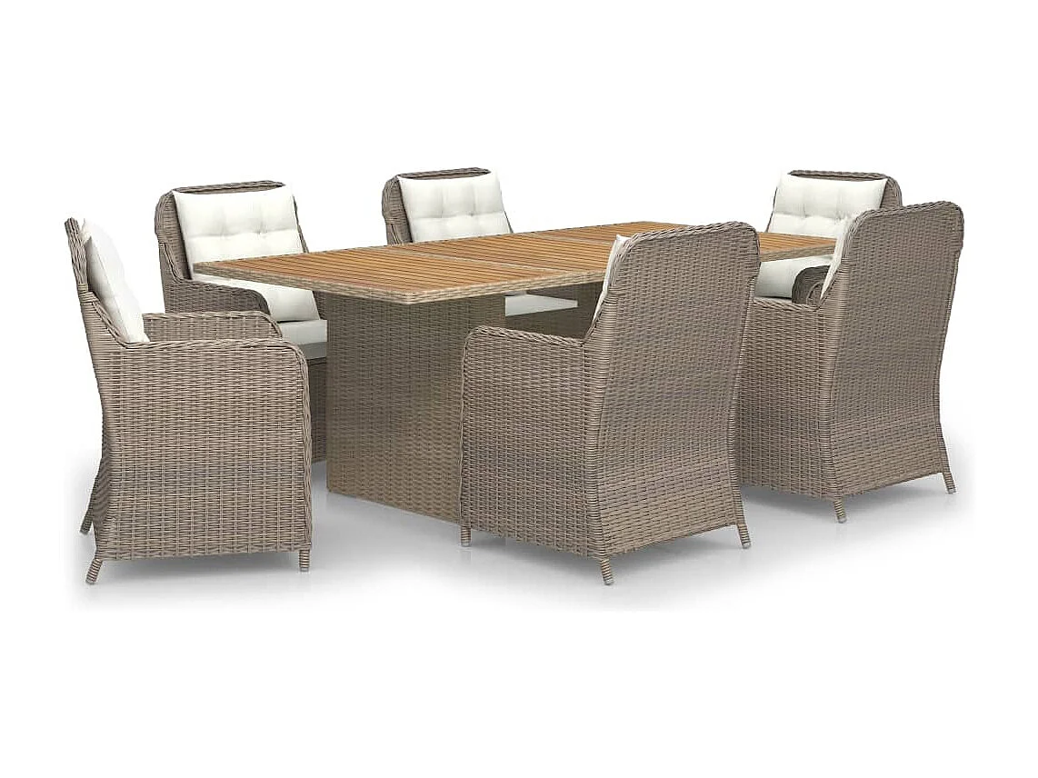 7 pcs conjunto de jantar para jardim vime PE castanho