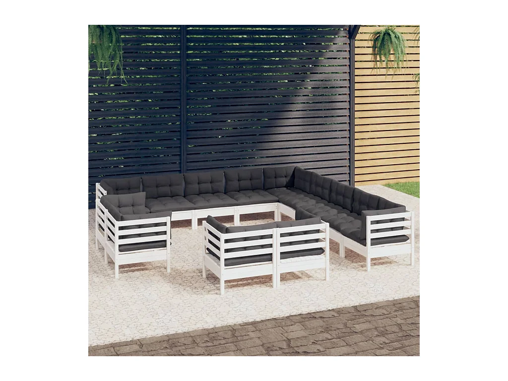 Salon de jardin 13 pcs avec coussins blanc bois de pin solide