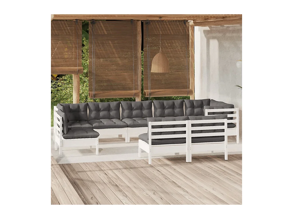 Salon de jardin 9 pcs avec coussins blanc bois de pin massif