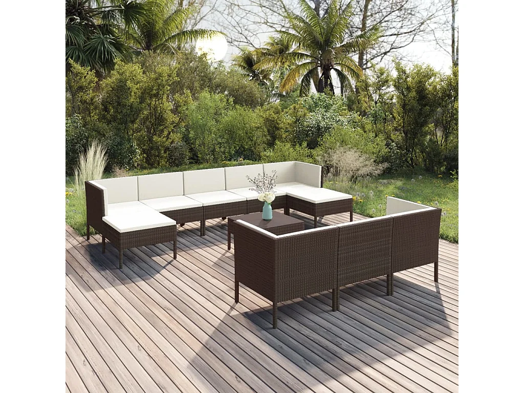 11-tlg. Garten-Lounge-Set mit Auflagen Poly Rattan Braun