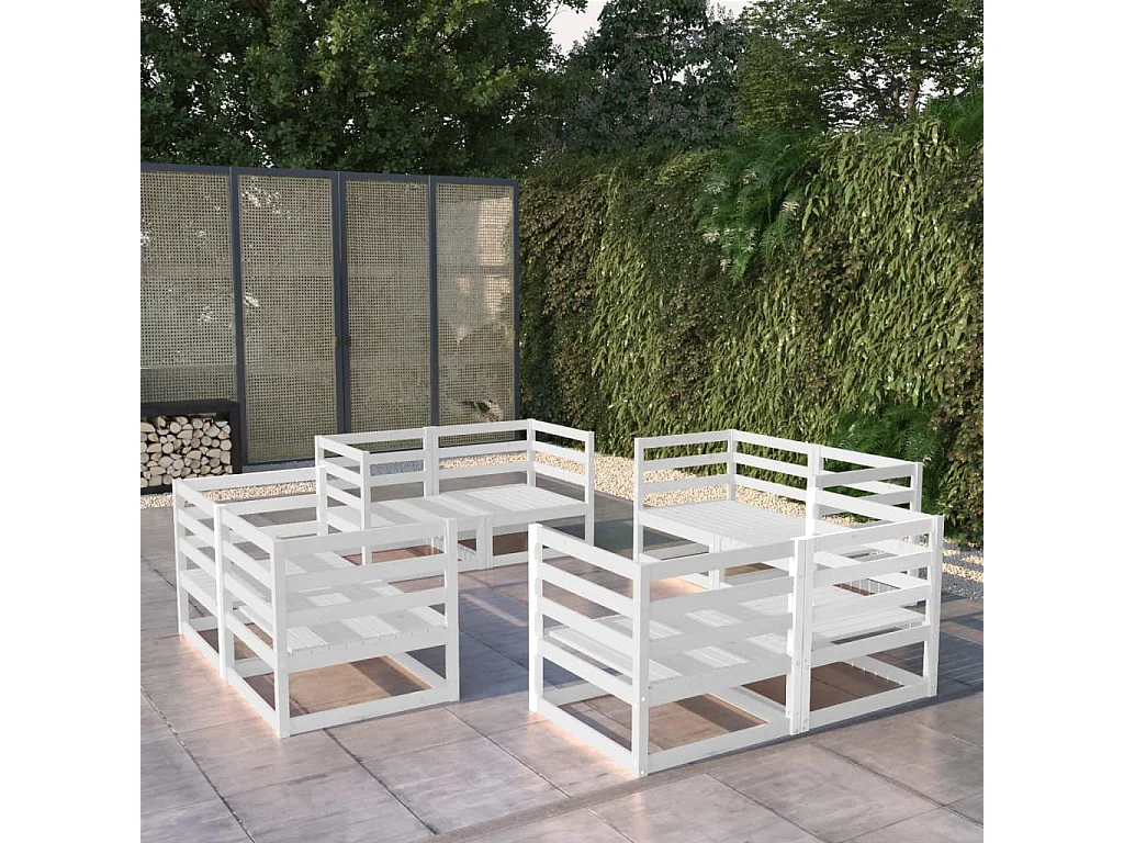 Salon de jardin 8 pcs Blanc Bois de pin massif