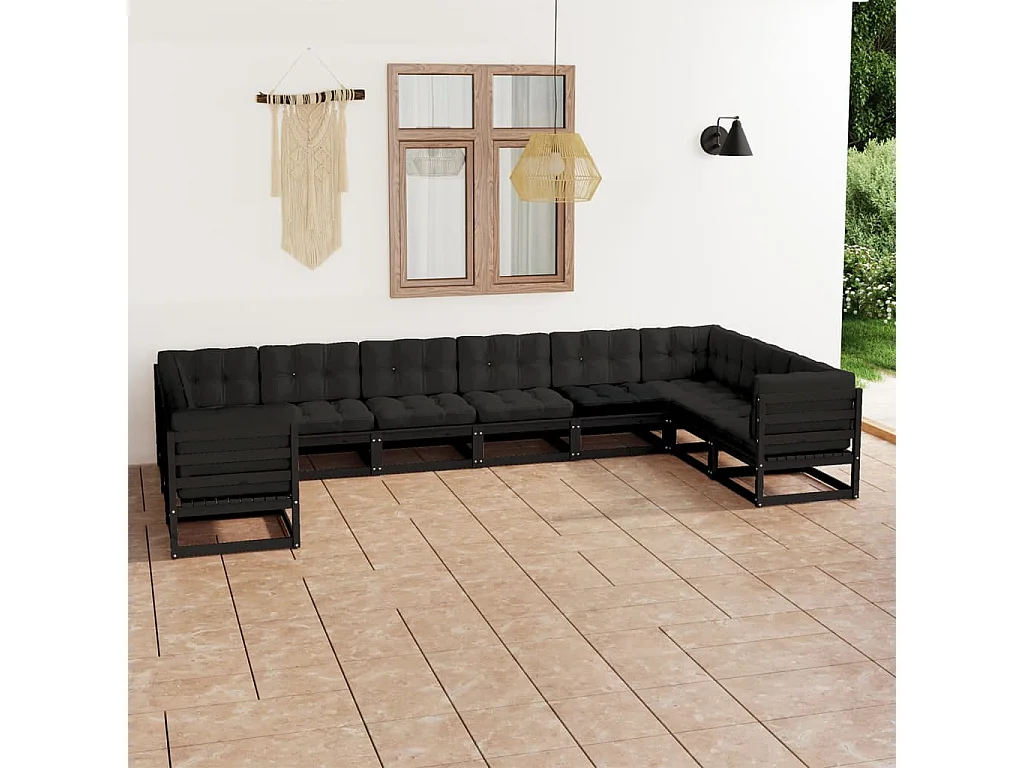 Set Divani da Giardino 10 pz con Cuscini Massello di Pino Nero