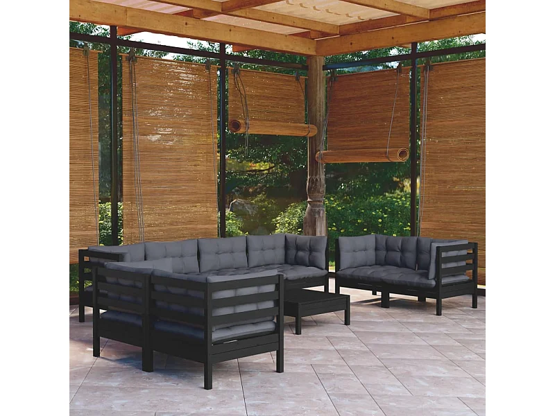 Salon de jardin 9 pcs avec coussins bois de pin massif