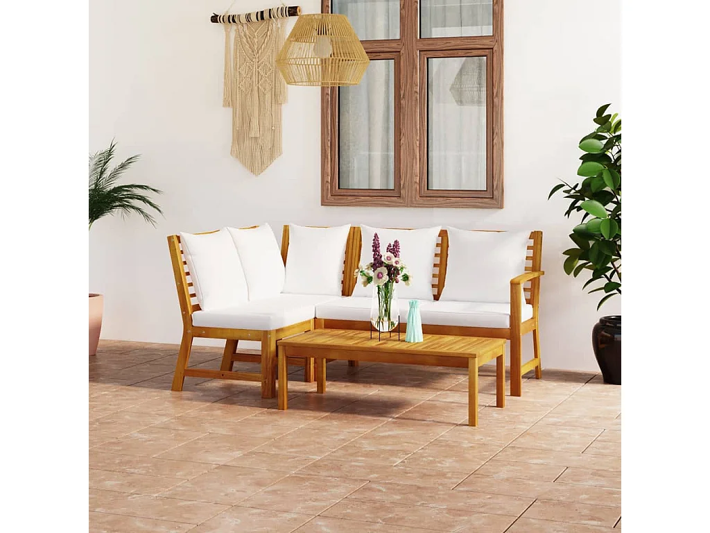 4-tlg. Garten-Lounge-Set mit Auflagen Creme Massivholz Akazie