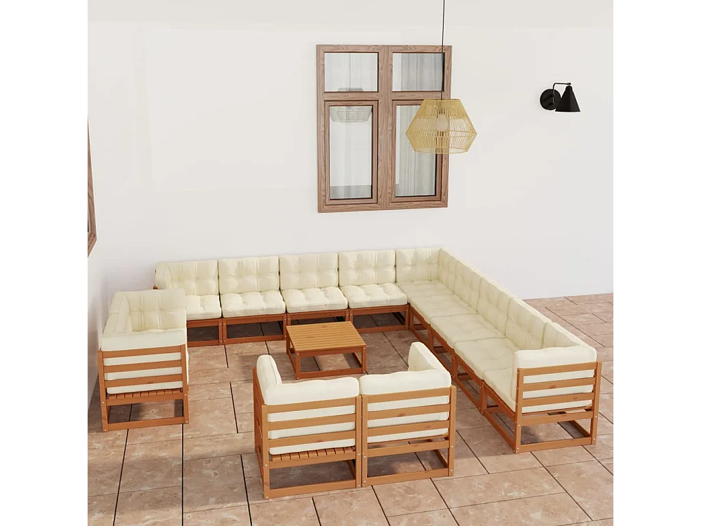 Salon de jardin 14 pcs avec coussins Marron miel Bois de pin