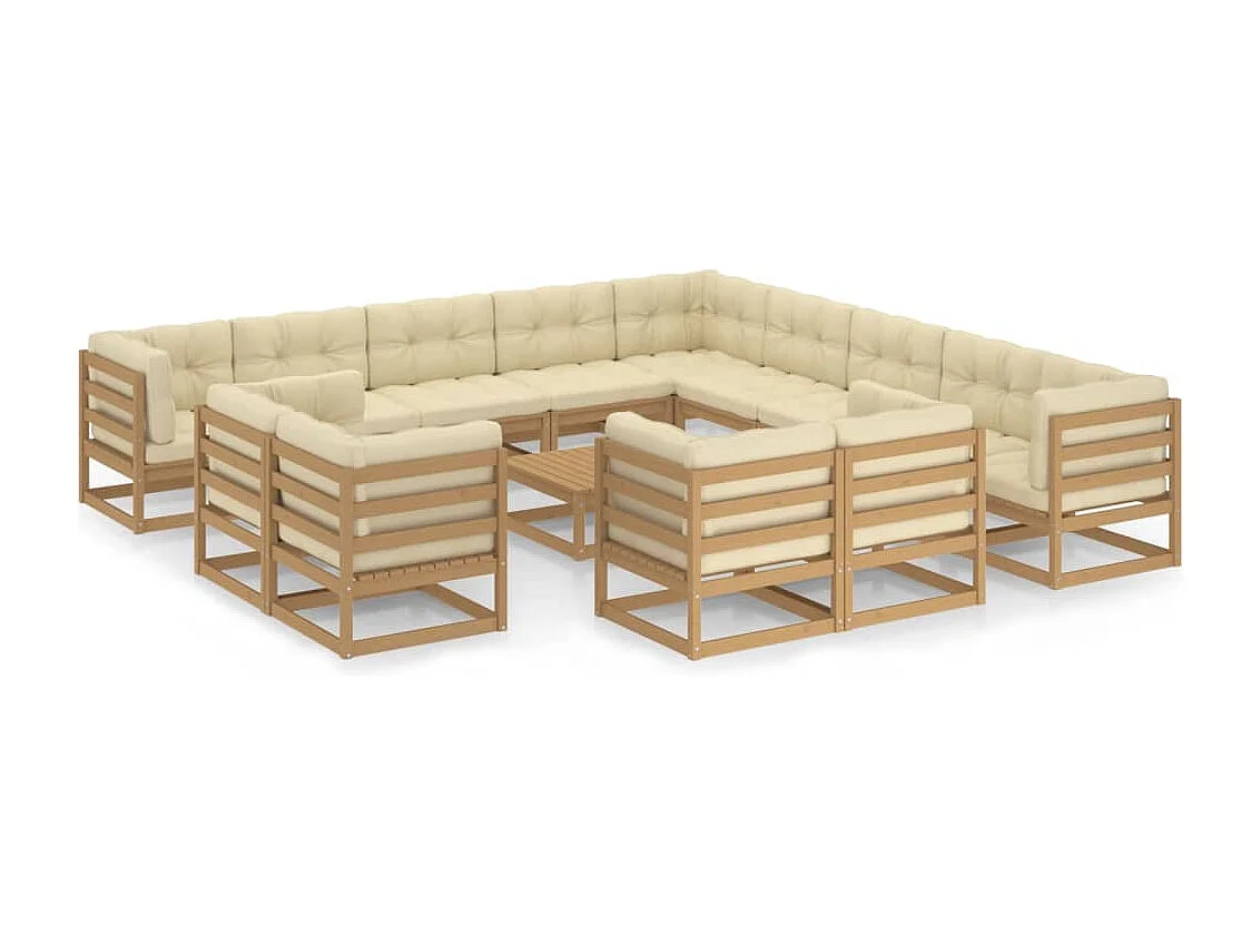 Salon de jardin 14 pcs avec coussins Marron miel Bois de pin