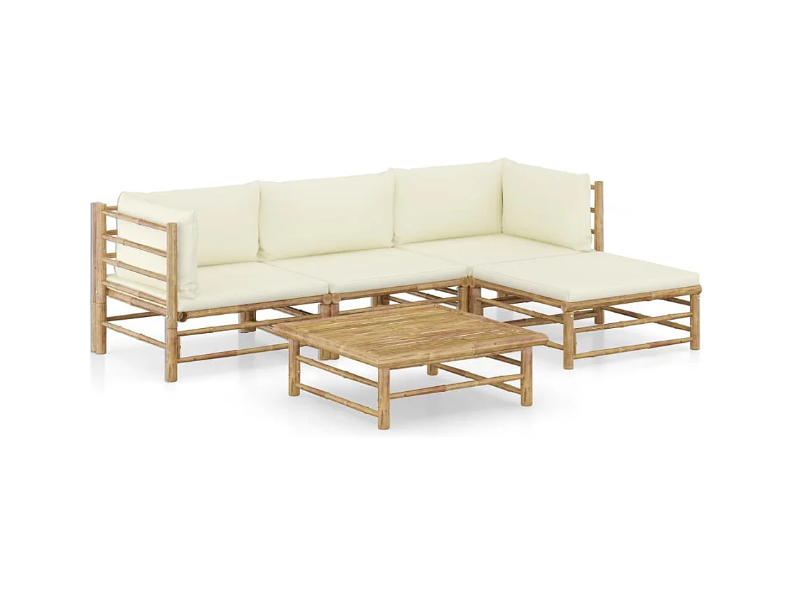 Salon de jardin 5 pcs avec coussins blanc crème bambou