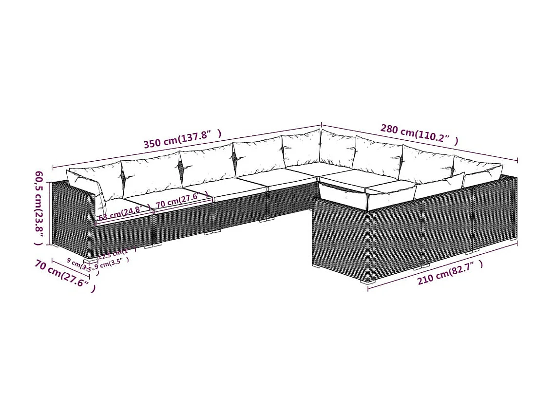 Set Divani da Giardino 10 pz con Cuscini in Polyrattan Marrone