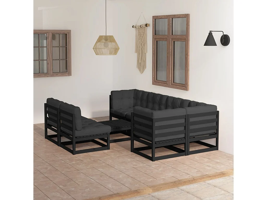 8 pcs conjunto lounge de jardim c/ almofadões pinho maciço