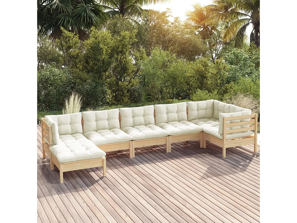 Set Divani da Giardino 7 pz con Cuscini Crema in Massello di Pino