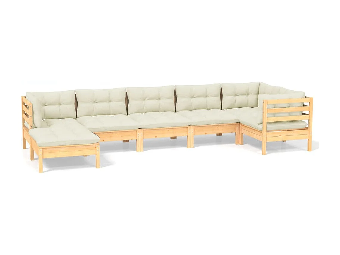 Set Divani da Giardino 7 pz con Cuscini Crema in Massello di Pino