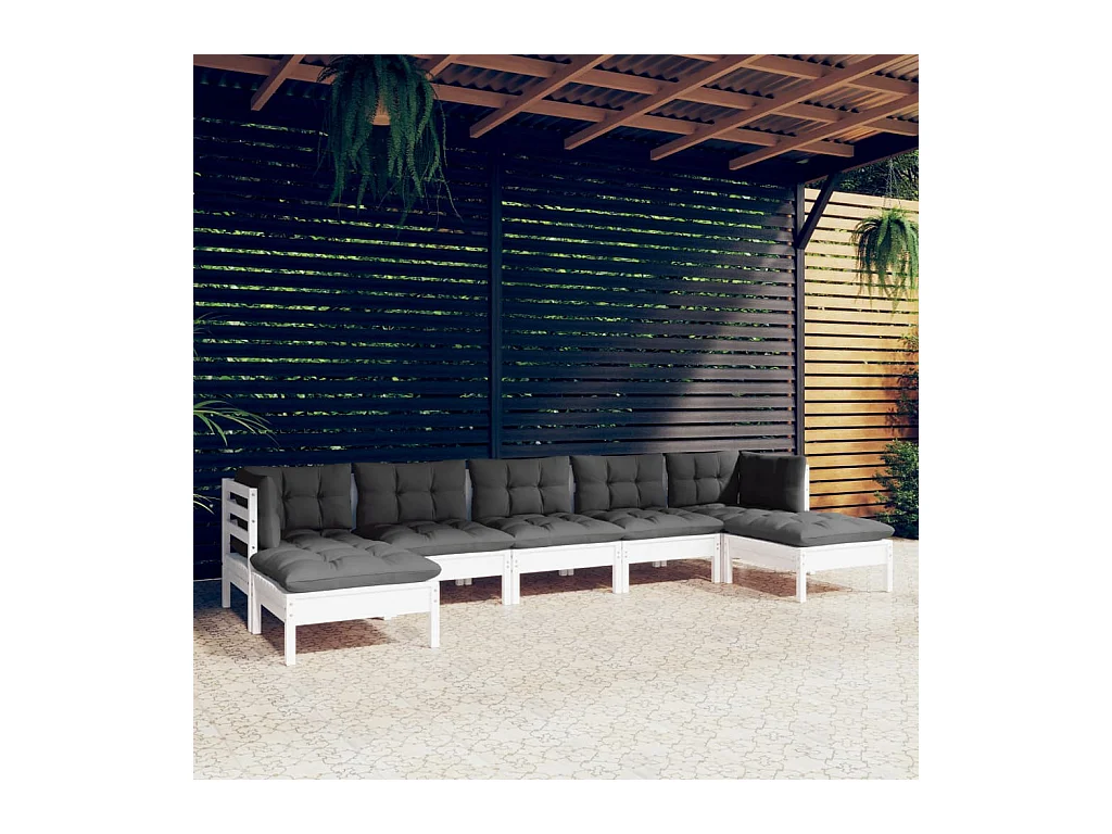 Salon de jardin 7 pcs avec coussins blanc bois de pin