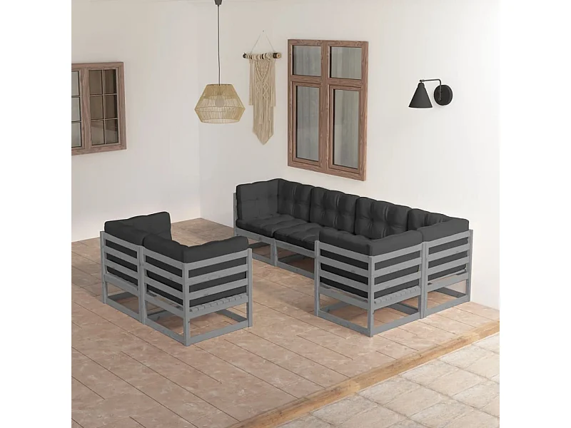 Set Salotto Giardino 7 pz Cuscini Antracite Legno Massello Pino