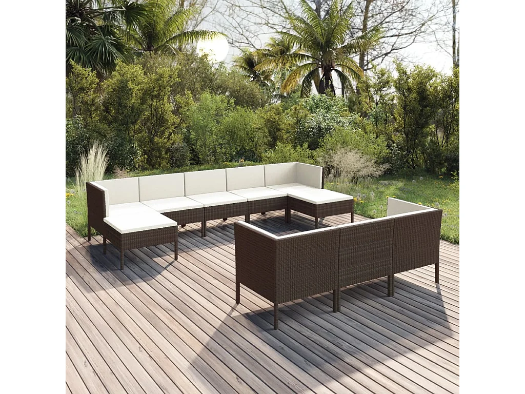 10 pcs conjunto lounge jardim c/ almofadões vime PE castanho