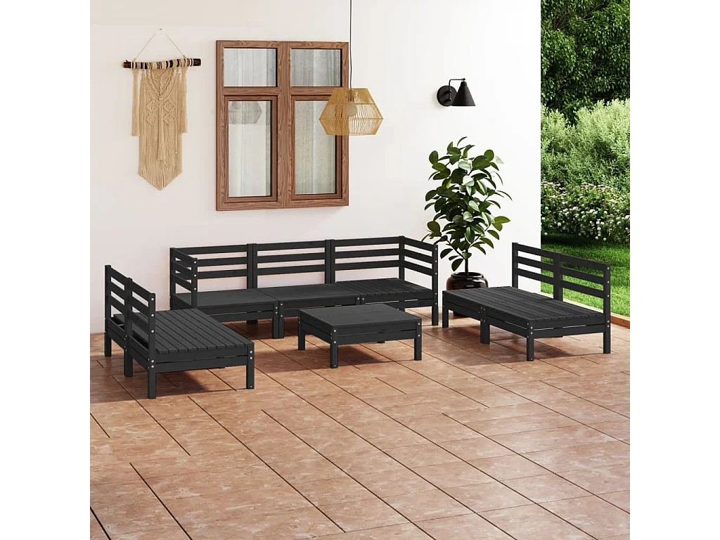 Set Divani da Giardino 8 pz Nero in Legno Massello di Pino