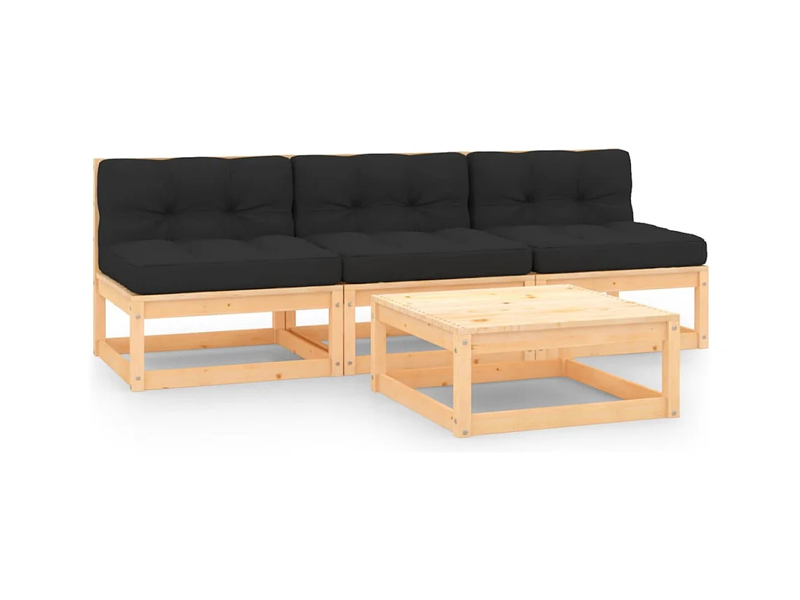 4 pcs conjunto lounge de jardim c/ almofadões pinho maciço