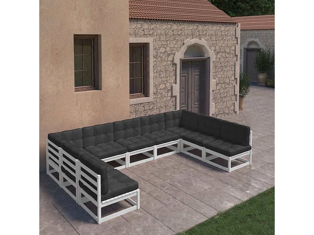 Salon de jardin 9 pcs avec coussins Blanc Bois de pin massif