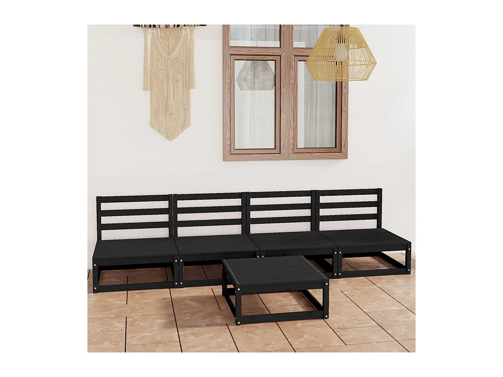 Salon de jardin 5 pcs noir bois de pin massif