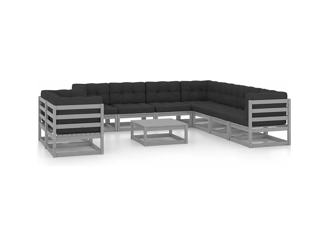 Salon de jardin 10 pcs avec coussins Gris Bois de pin massif