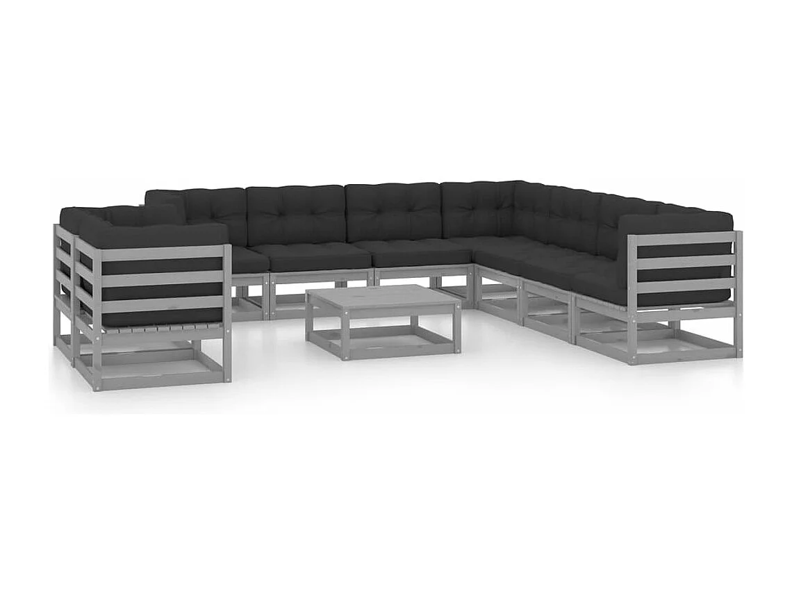 10pcs conjunto lounge de jardim + almofadões pinho maciço cinza