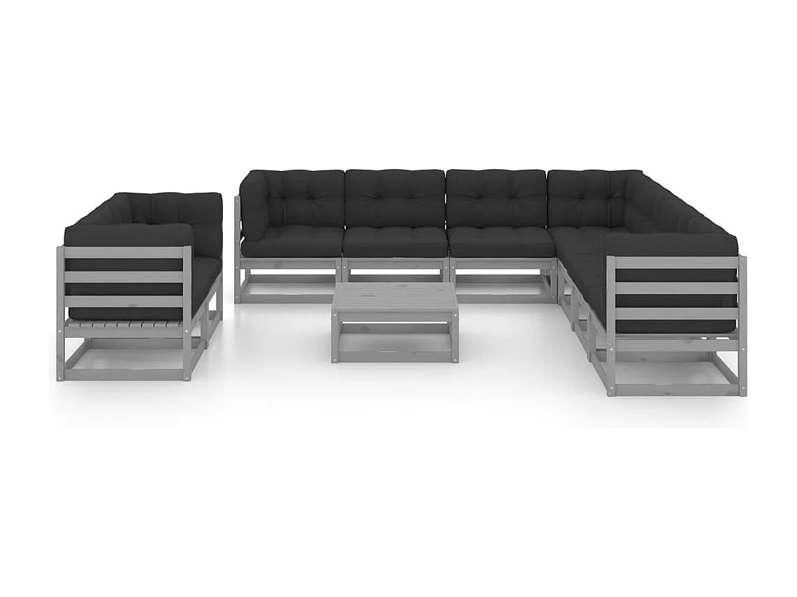 10pcs conjunto lounge de jardim + almofadões pinho maciço cinza