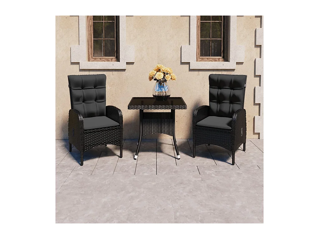 Set Mobili da Pranzo per Giardino 3 pz Polyrattan e Vetro Nero