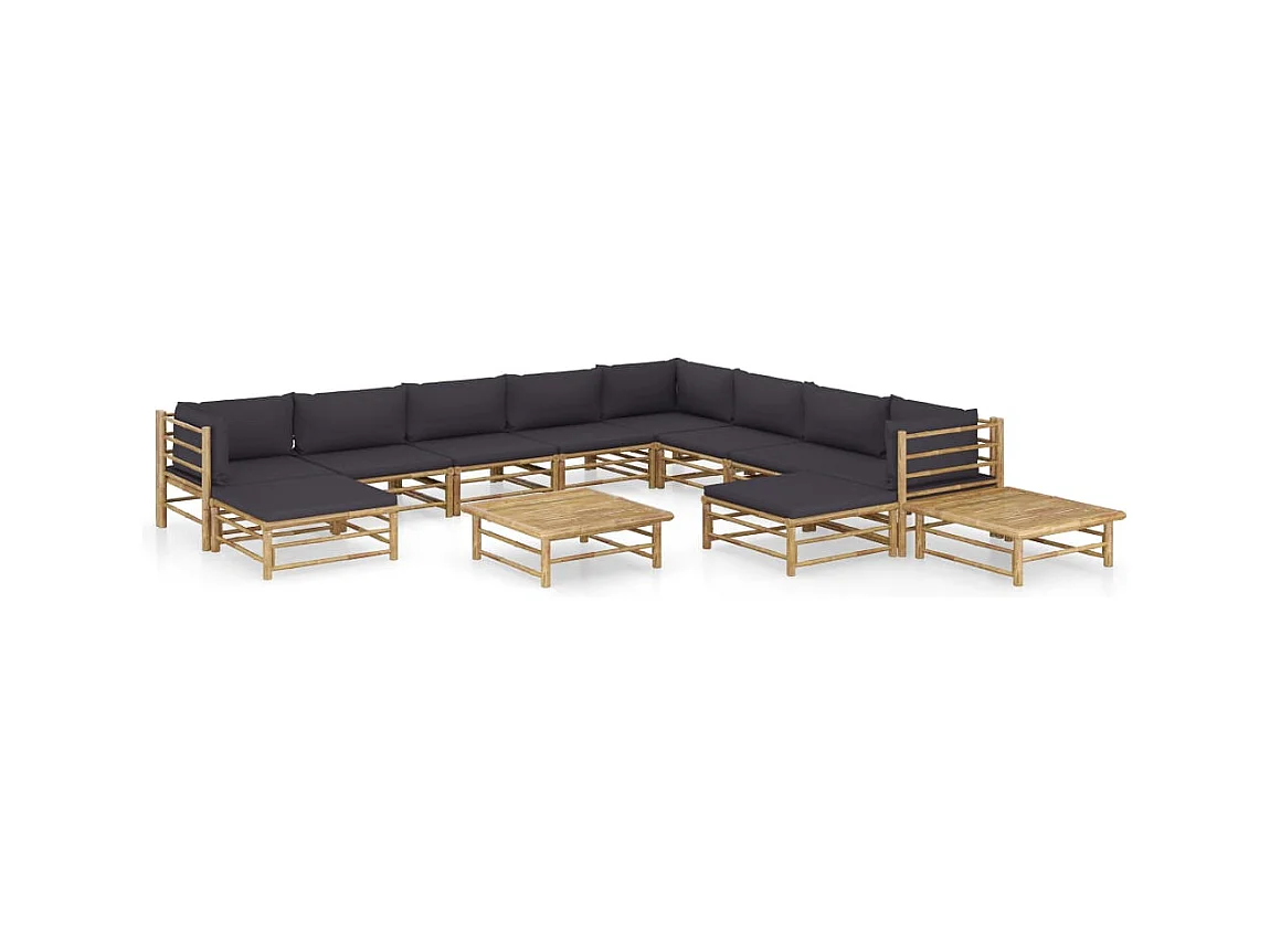Salon de jardin 12 pcs avec coussins gris foncé bambou