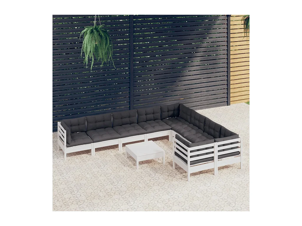 Salon de jardin 10 pcs avec coussins blanc bois de pin