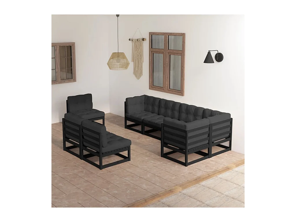 Set Salotto Giardino 8 pz Cuscini Antracite Legno Massello Pino