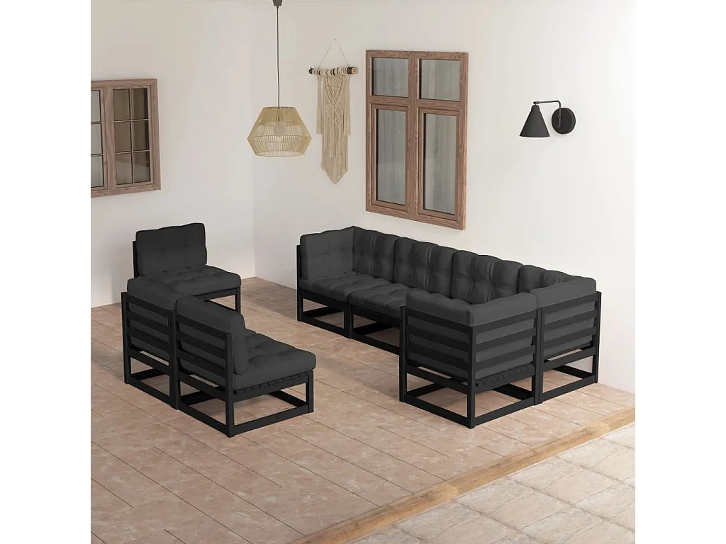 8 pcs conjunto lounge de jardim c/ almofadões pinho maciço