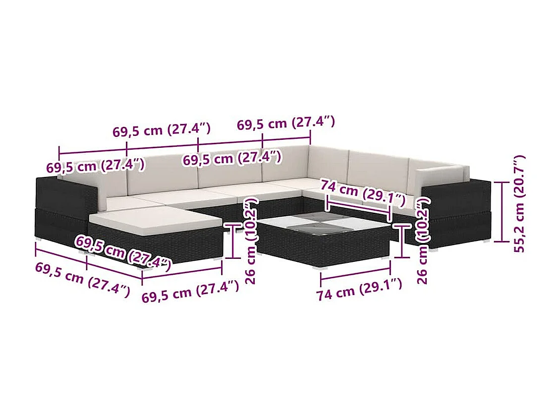 Salon de jardin 8 pcs avec coussins Résine tressée Noir