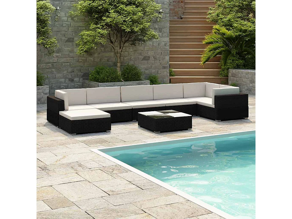 Salon de jardin 8 pcs avec coussins Résine tressée Noir