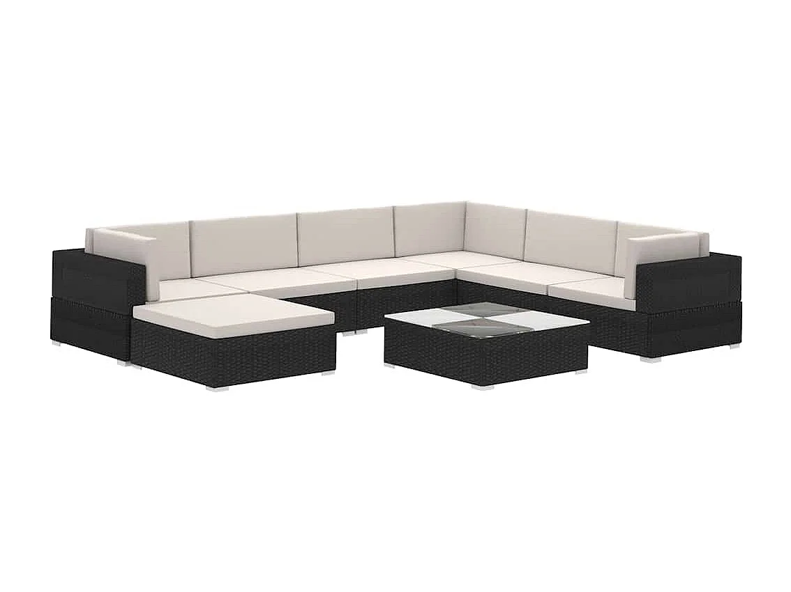 Salon de jardin 8 pcs avec coussins Résine tressée Noir