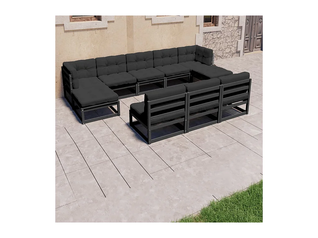 8-delige Loungeset met kussens massief grenenhout zwart