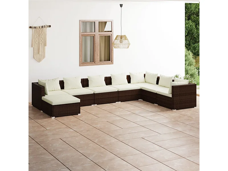 Set Divani da Giardino 8 pz con Cuscini in Polyrattan Marrone