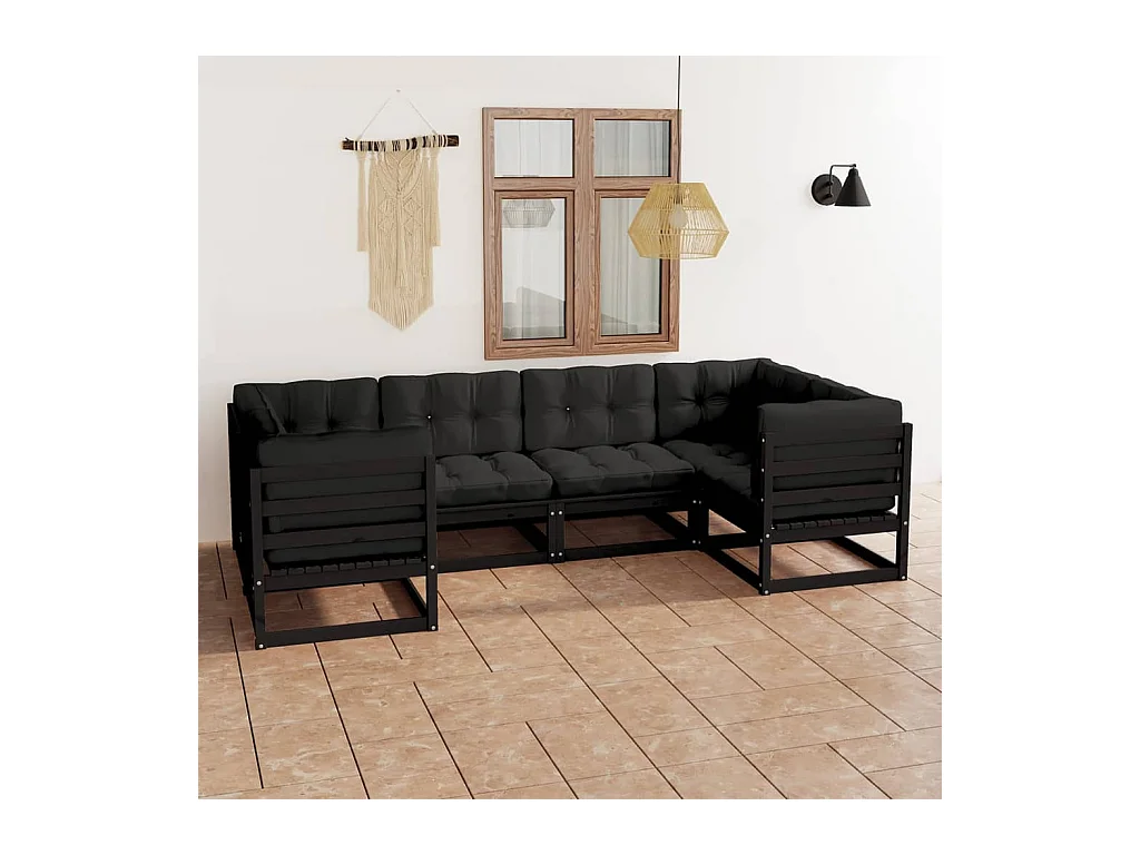 Salon de jardin 6 pcs avec coussins Noir Bois de pin massif