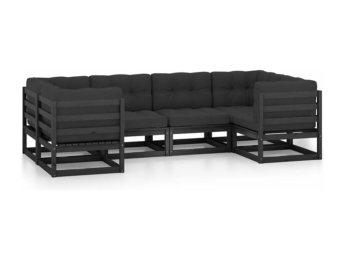 6-delige Loungeset met kussens massief grenenhout zwart