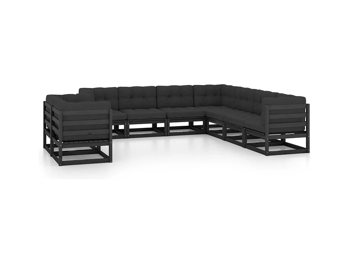 9-delige Loungeset met kussens massief grenenhout zwart