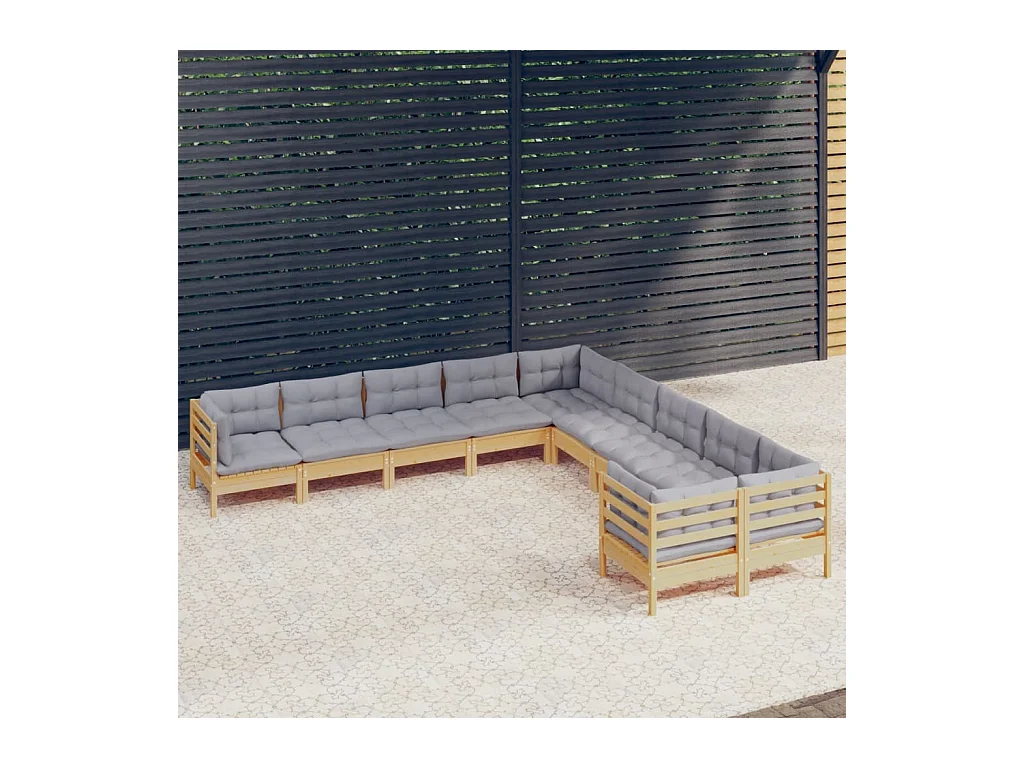 Salon de jardin 10 pcs avec coussins gris Bois de pin