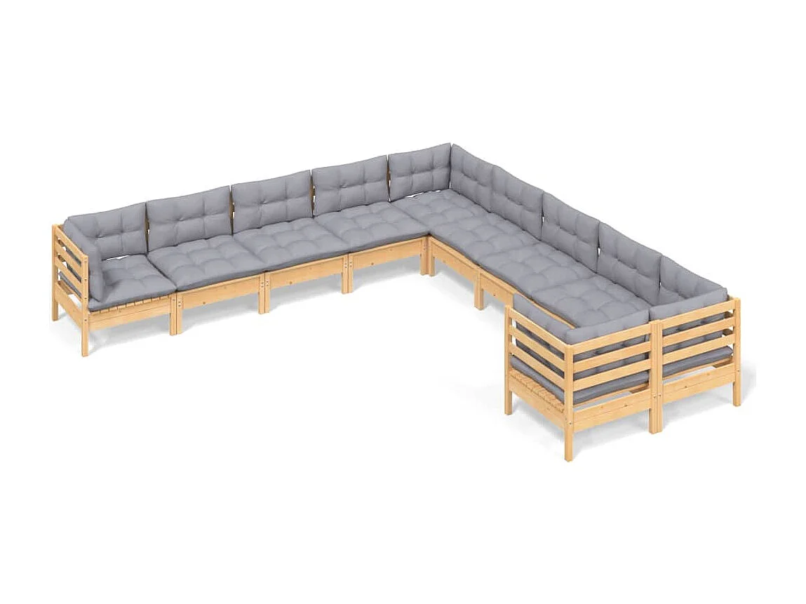 10-tlg. Garten-Lounge-Set mit Grauen Kissen Kiefernholz