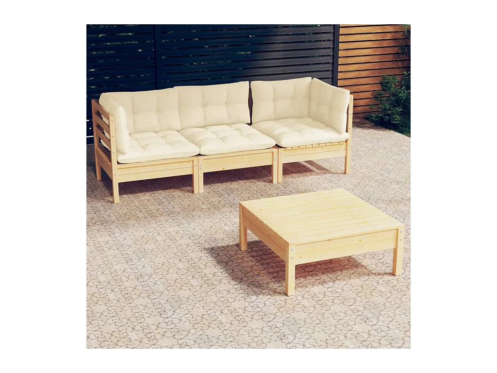 4-delige Loungeset met crèmekleurige kussens grenenhout