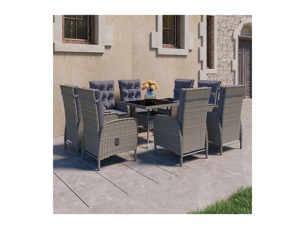 Ensemble à manger de jardin 9 pcs Résine tressée et verre Gris