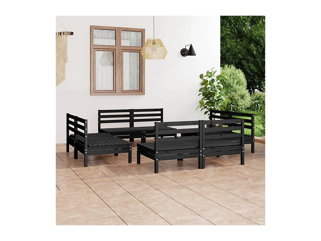 Set Divani da Giardino 8 pz Nero in Legno Massello di Pino