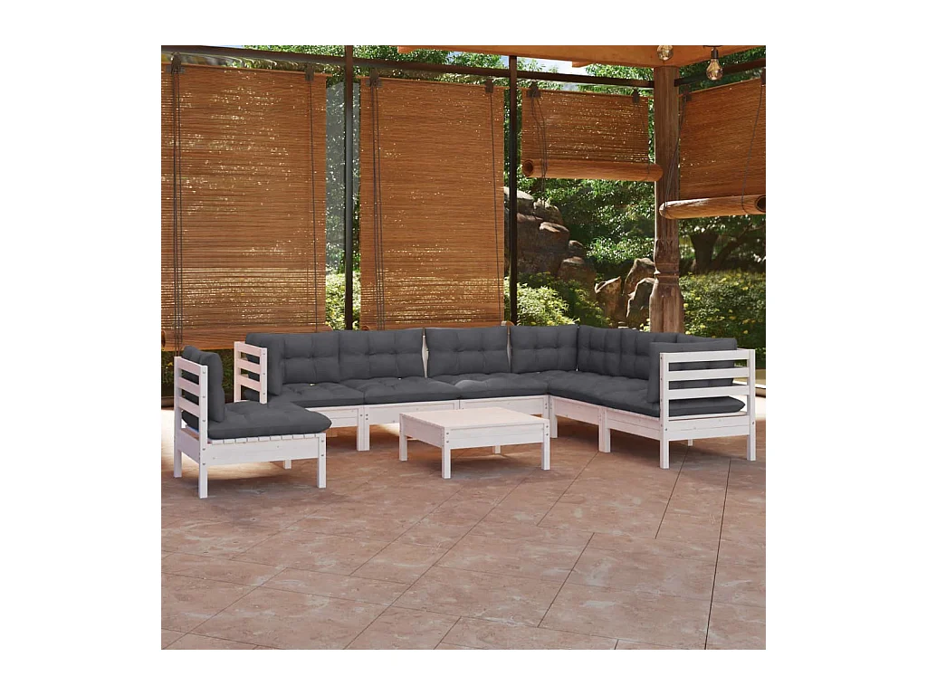 Set Divani da Giardino 8 pz con Cuscini Bianchi Legno di Pino